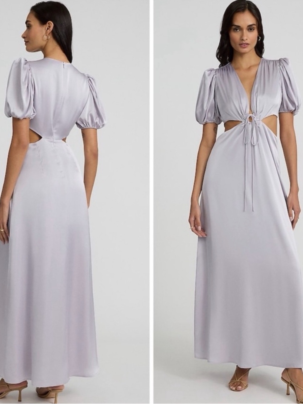 NWTs Express Satin Mist Lavender V Neck Puff Sleeve Cut Out Maxi Satin Dress